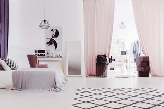 Pink curtains in sophisticated bedroom