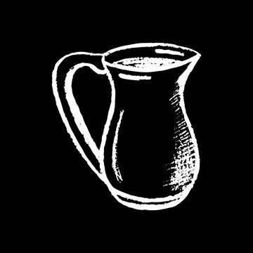 Milk pitcher white chalk on black background. Milk pot vector illustration.