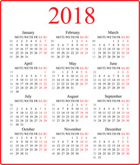 Calendar for 2018 on white background