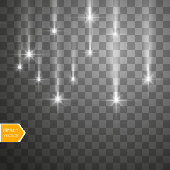 Vector rain comets isolated on transparent background. Lights. Magic concept. Vector white glitter wave abstract illustration. White star dust trail sparkling particles isolated. Vector