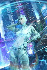 Fototapeta na wymiar cyber woman projecting a hex grid shield
