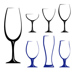 Different glass for wine, juice or beer. Black hand drawn  silhouettes of glasses. Vector illustration of glasses of water. Symbol glass flat style.