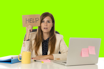 young attractive sad and desperate businesswoman suffering stress at office laptop computer desk green croma key background