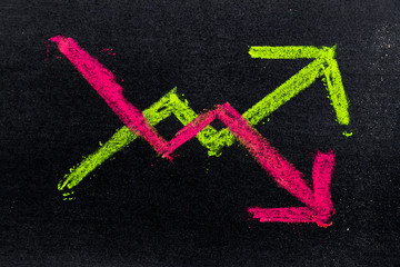 Hand drawing of green and red chalk in up and down arrow shape on black board background