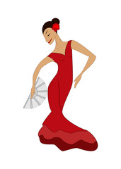 Obraz na płótnie Canvas Flamenco dancer woman. Spanish girl in red dress is dancing. Traditional Spanish flamenco. Vector illustration flat style isolated on white background.
