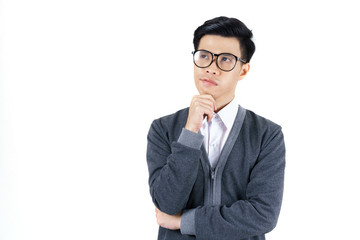 Young Asian man in white shirt and grey jacket thinking isolated on white background