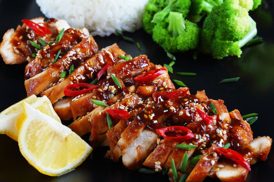 spicy teriyaki chicken sprinkled with chives