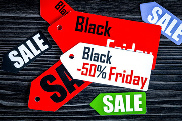 concept black friday on dark wooden background top view