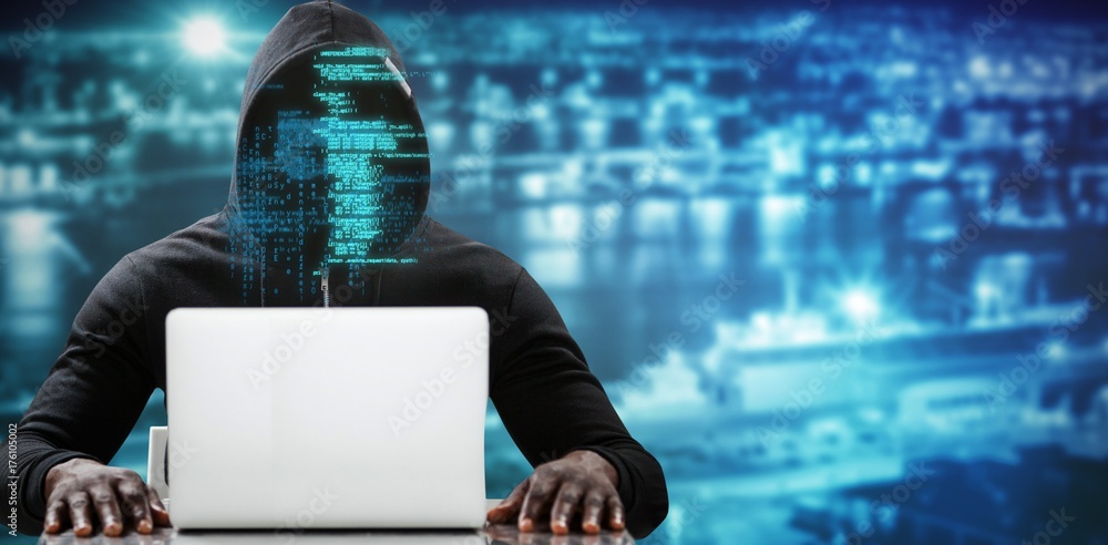 Poster composite image of male hacker using laptop on table