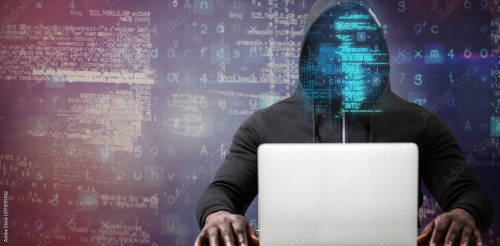 Poster composite image of male hacker with laptop on table