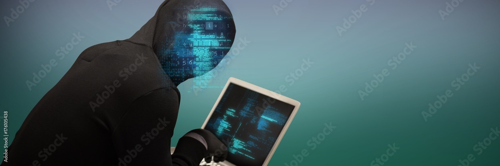Poster composite image of hacker using laptop