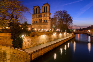 Fototapeta na wymiar Notre Dame de Paris cathedral at dawn with the Seine River. Daybreak in the 4th Arrondissement, Ile de La Cite, Paris, France