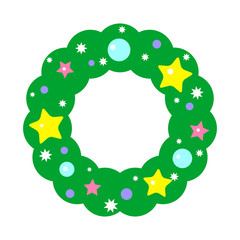 Christmas circle of spruce branches with Christmas toys, stars and snow.