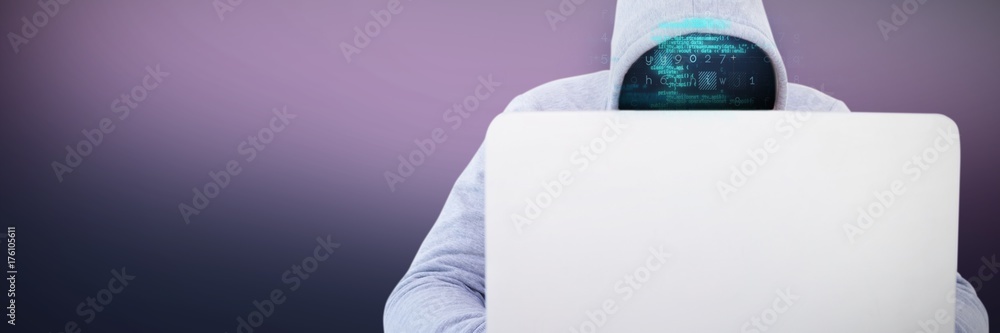 Poster composite image of hacker using white laptop at table