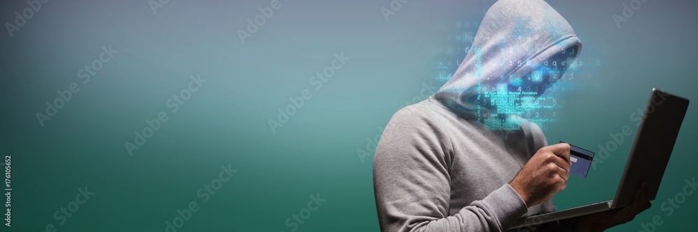 Poster composite image of hacker using laptop while holding credit card