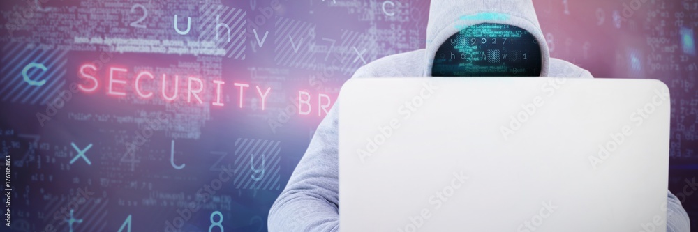 Poster composite image of hacker using white laptop at table