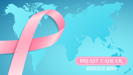 Fototapeta premium Breast Cancer Awareness pink ribbon. White text. Planet Earth Map. Light blue horizontal background. Fighting cancer. Vector