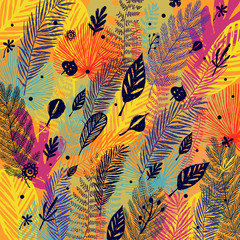 Deciduous, defoliation, multicolor trendy autumn background, leaf fall. Vector botanical illustration, Great design element for congratulation cards, banners.