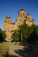 Fototapeta na wymiar St. Mark's Church at beautiful blue hour is a Serbian Orthodox church located in the Tasmajdan park in Belgrade, Serbia