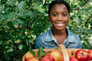 Smiling African American girl with basket of apples