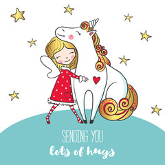 Postcard with Cute girl hugging unicorn.