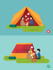 Fototapeta premium right and wrong ways to prepare a camp,illustration, vector