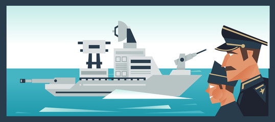 The destroyer in the ocean, a military boat. Admiral looks at the fleet. Vector illustration. Flat style
