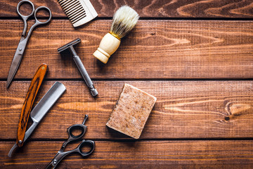 Fototapeta na wymiar Tools for cutting beard barbershop top view