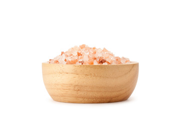 Fototapeta na wymiar Pink Himalayan salt in wooden bowl