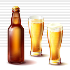 Glossy longneck beer bottle of brown amber glass with cap and freshly-poured in weizen glasses light beer or ale with gas bubbles and spilling foam realistic vector illustration on white background.