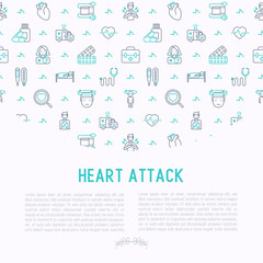Heart attack concept with thin line icons of symptoms and treatments. Modern vector illustration for medical report or survey, banner, web page, print media.