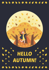 Hello, Autumn Vector illustration colorful story. Fall of the leaves. Girl walking in the park, around the trees. For the diary, postcards, calendars, typographical printing.