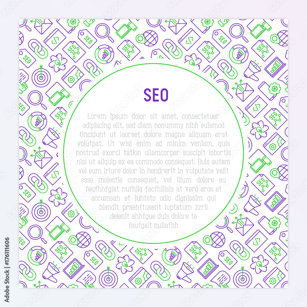Poster seo and development concept with thin line icons. vector illustration for banner, web page, print me