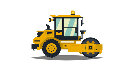 Obraz na płótnie Canvas Yellow asphalt compactor isolated on white background. Construction machinery. Special equipment. Road repair. Vector illustration. Flat style