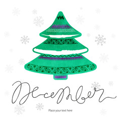 Abstract vector watercolor green New Year tree, it's Christmas time. Snowy weather card template. Winter ink lettering. Grunge december vintage card.