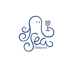 Sea food restaurant logo. Octopus with wineglass on a white background.