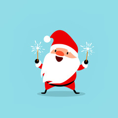 Santa Claus celebrates the New Year with sparkler in his hands. Cute emotional Christmas character. Element from the collection. Vector illustration isolated on light blue background