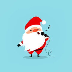 Santa Claus with a microphone sings karaoke. A funny Christmas character. Element from the collection. Vector isolated on blue background