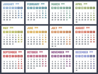 2018 year calendar, calendar design 2018 starts monday
