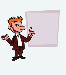 White businessman relaxed, speak content. Is showing, as in a presentation, the data you want.