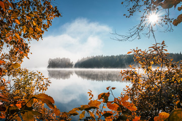 Scenic view with fall colors and peaceful lake at autumn morning in Liesjärvi National Park, Finland - 176113461