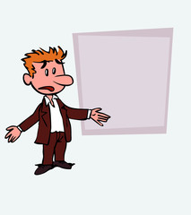 White businessman disoriented and worried. Is showing, as in a presentation, the data you want.