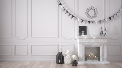 Winter, Christmas, New Year interior design with fireplace and decor, white modern minimal architecture