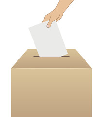 elections voting vector, hand putting vote into ballot box, isolated illustration with blank places for your text