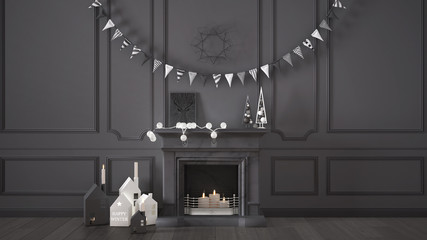 Winter, Christmas, New Year interior design with fireplace and decor, gray modern minimal architecture