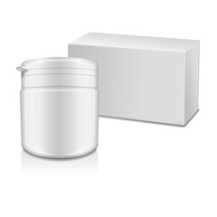 Vector template of white plastic bottle with screw cap and box for medicine, pills, tabs, vitamins. Packaging mock up illustration