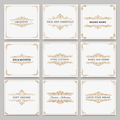 Monogram creative cards template with beautiful flourishes ornament elements. Elegant design for corporate identity, logo, invitation. Design of background products.