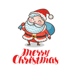 Fototapeta na wymiar Merry Christmas, greeting card or banner. Cute Santa Claus with full bag of gifts. Cartoon vector illustration
