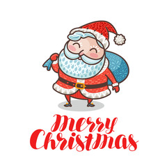 Merry Christmas, greeting card or banner. Cute Santa Claus with full bag of gifts. Cartoon vector illustration