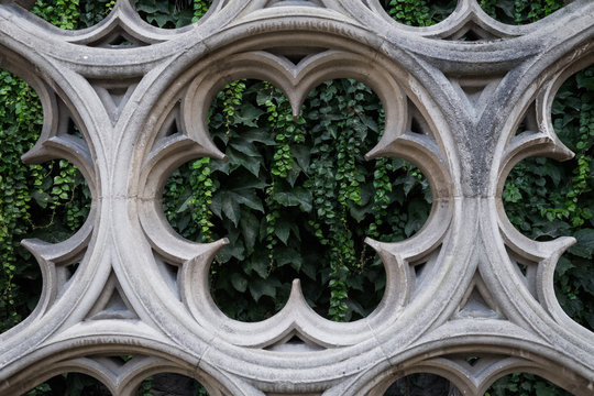 Old stone window contrasted against green foliage